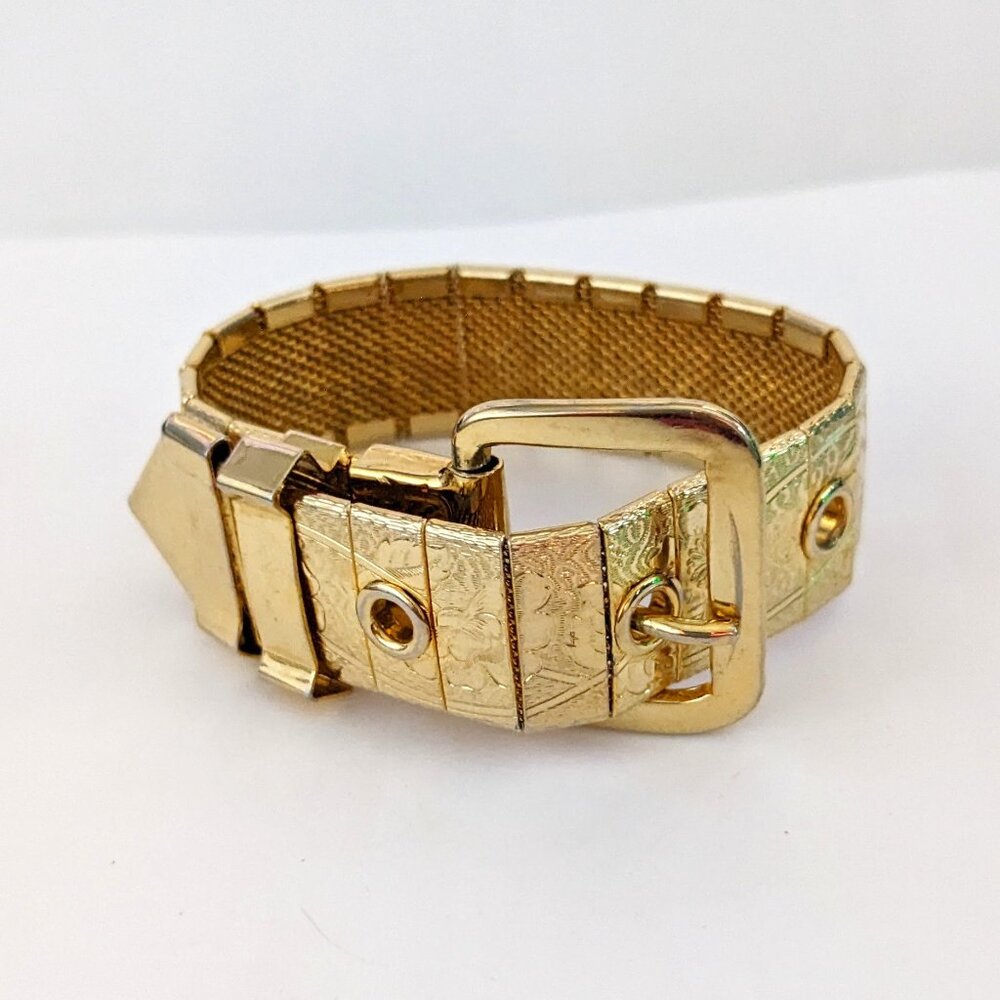 Vintage Gold Tone Floral Etched Buckle Bracelet